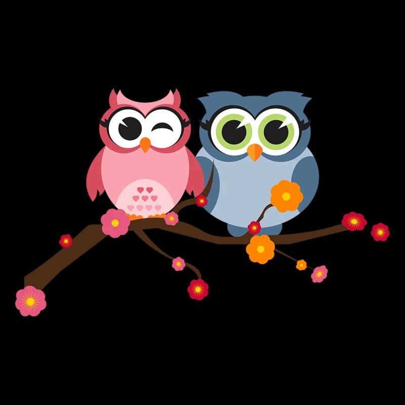 Deux oiseaux hiboux mignons sur une branche avec des fleurs