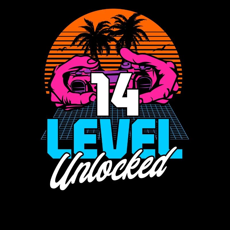 Level 14 Unlocked 14th Birthday Gamer 80s retro