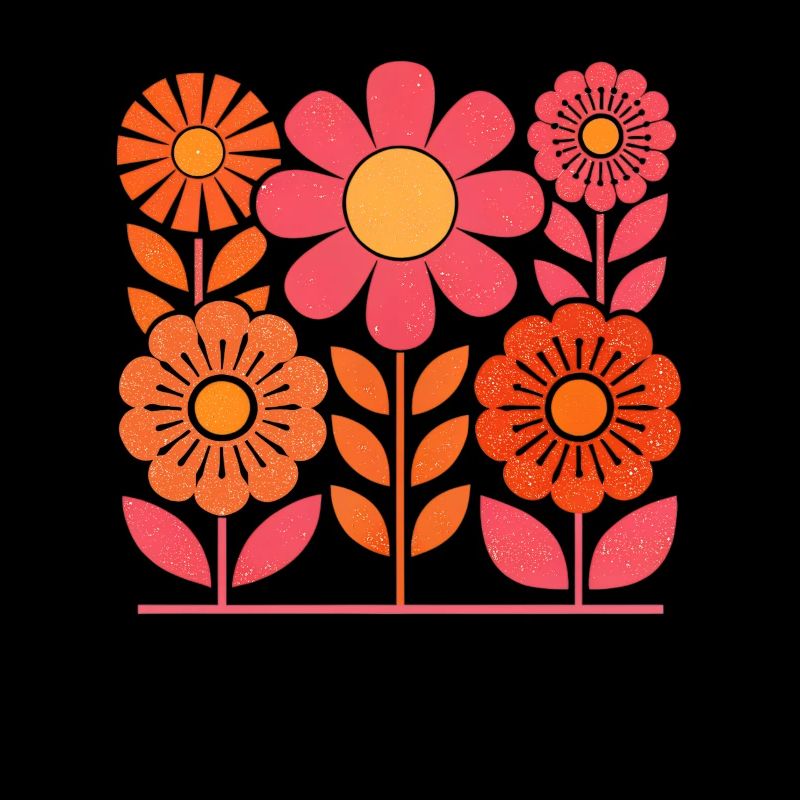 Fleurs rétro roses et oranges avec des feuilles