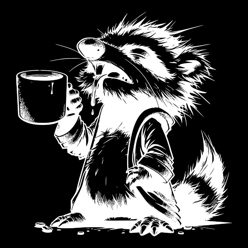 Waschbär als Kaffeejunkie mit Kaffeetasse