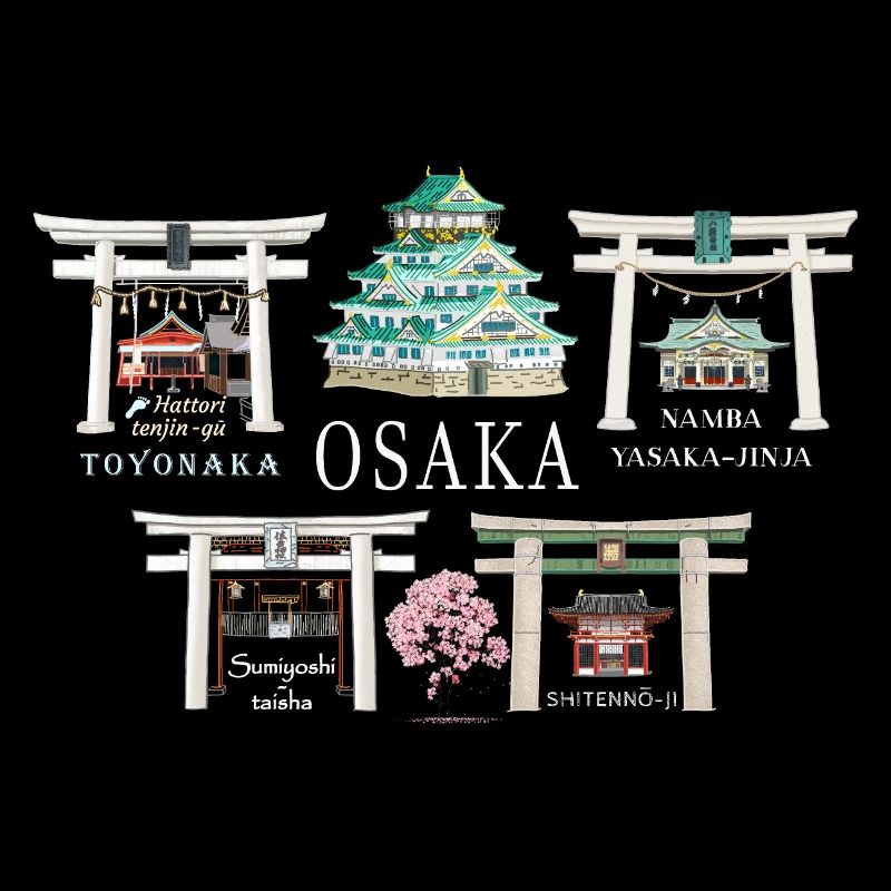 Osaka, 5 Sights, Japan Hand Drawing