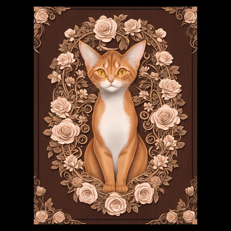 Holzschnitt einer Katze mit Rosenkranz