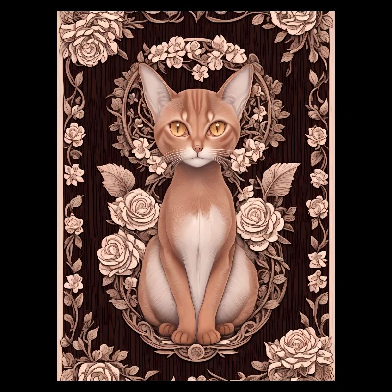 Gravure sur bois d’un chat avec des roses