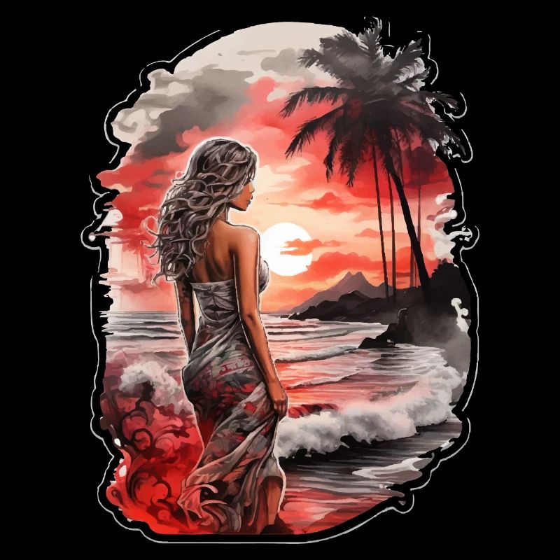 Femme sur la plage regardant le coucher de soleil rouge
