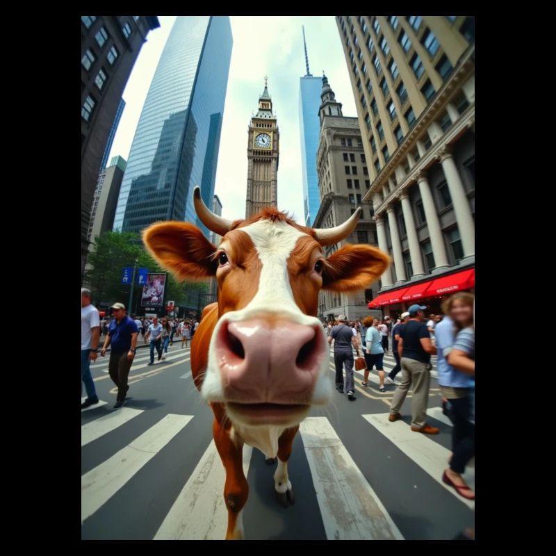 Lustiges Kuh Selfie auf einer belebte Stadt Strass