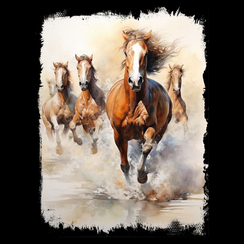 Groupe de chevaux sauvages Plage Sable Eau Éclaboussures
