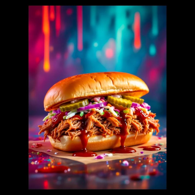 Juicy pulled pork burger surrounded by explosive