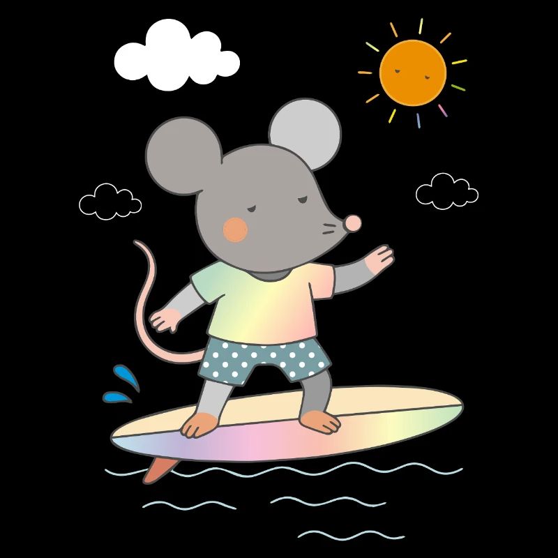 Souris surfeuse sur une planche de surf colorée sous le soleil