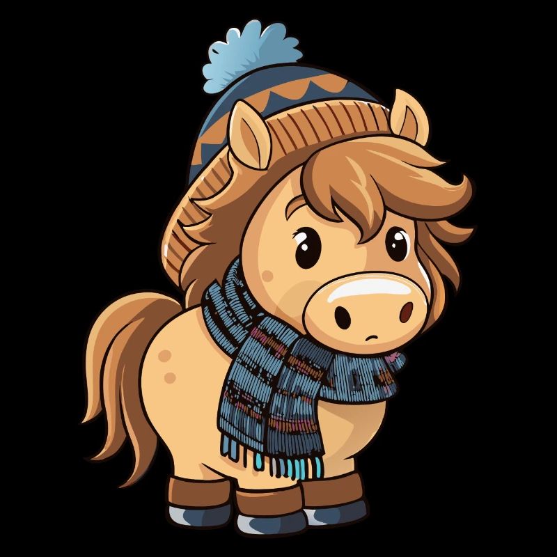 Poney mignon avec écharpe et chapeau à pompon.