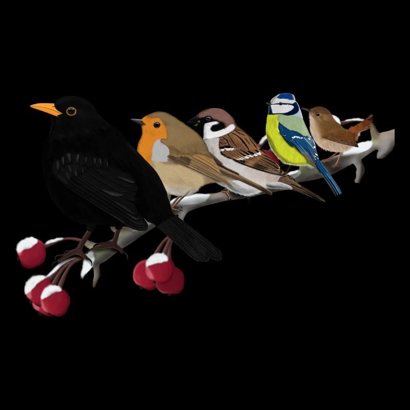 Amsel Rotkehlchen Blaumeise Ast Weihnachten Vogel