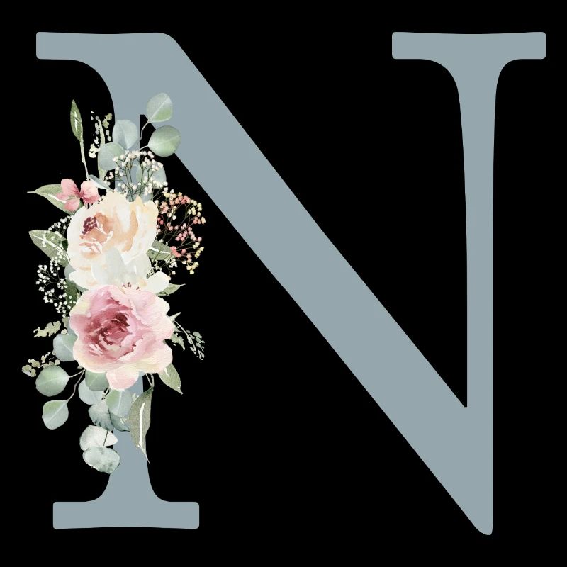 N| Monogramm | Eukalyptus-Pastell-Blumen-Blau