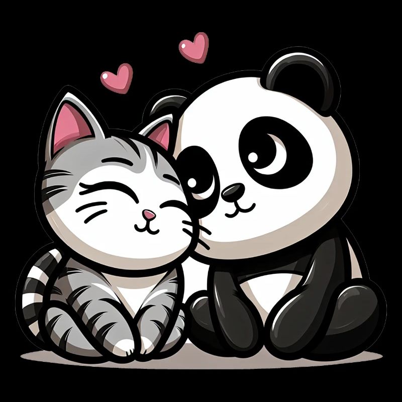 Cuddling Cat And Panda In Love