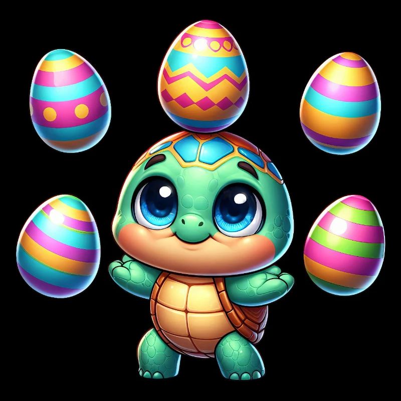Turtle juggles colorful Easter eggs
