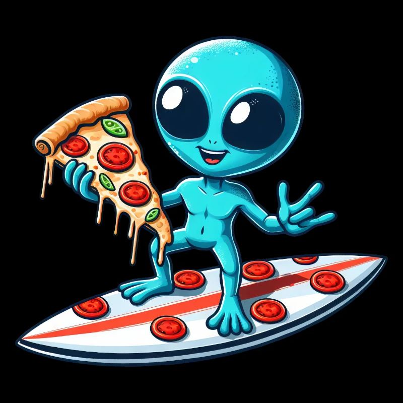 Cooler Alien Surfer mit Pizza