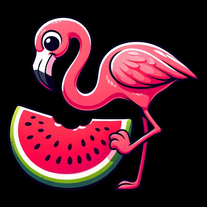 Flamant rose mignon avec un style de dessin animé de pastèque