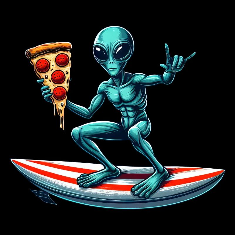 Surfeur extraterrestre avec pizza sur planche de surf