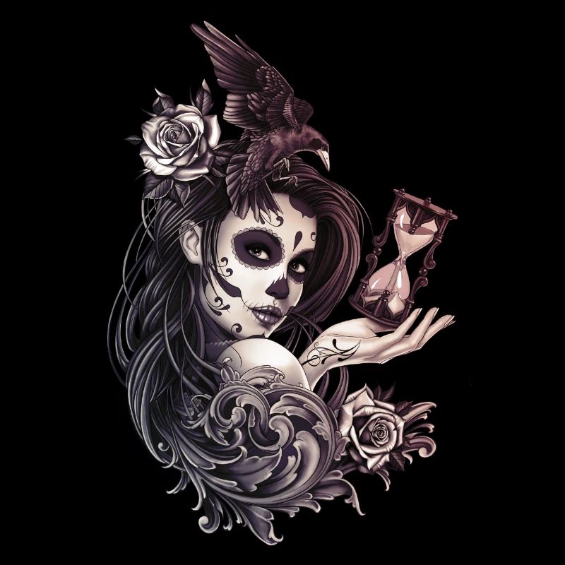 Tattoo Style Sugar Skull Mädchen mit Vogel