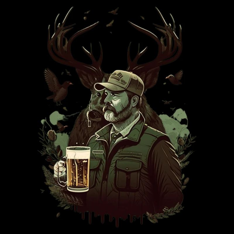Hunter in the wilderness drinks a beer