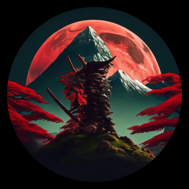 Samurai japanischer Baum vor Berg mit rotem Mond