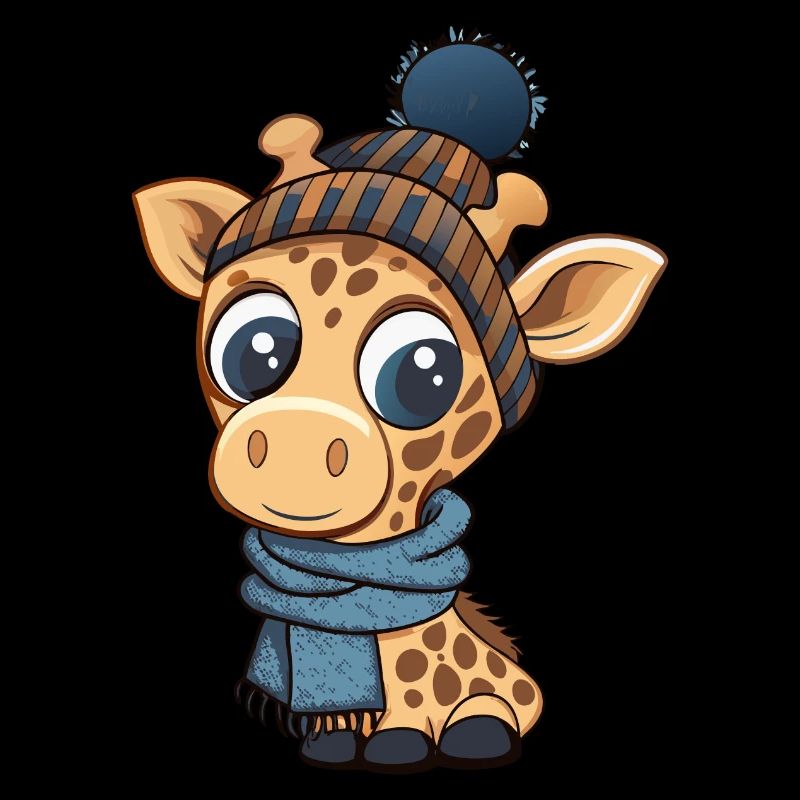 Jolie girafe avec écharpe et chapeau à pompon.