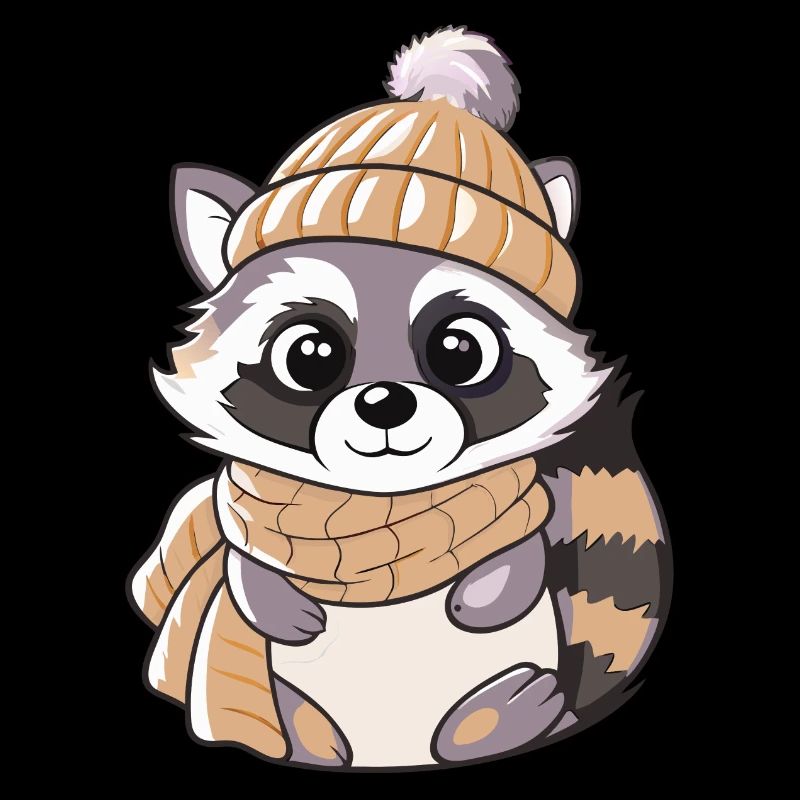 Raton laveur mignon avec écharpe et chapeau à pompon.