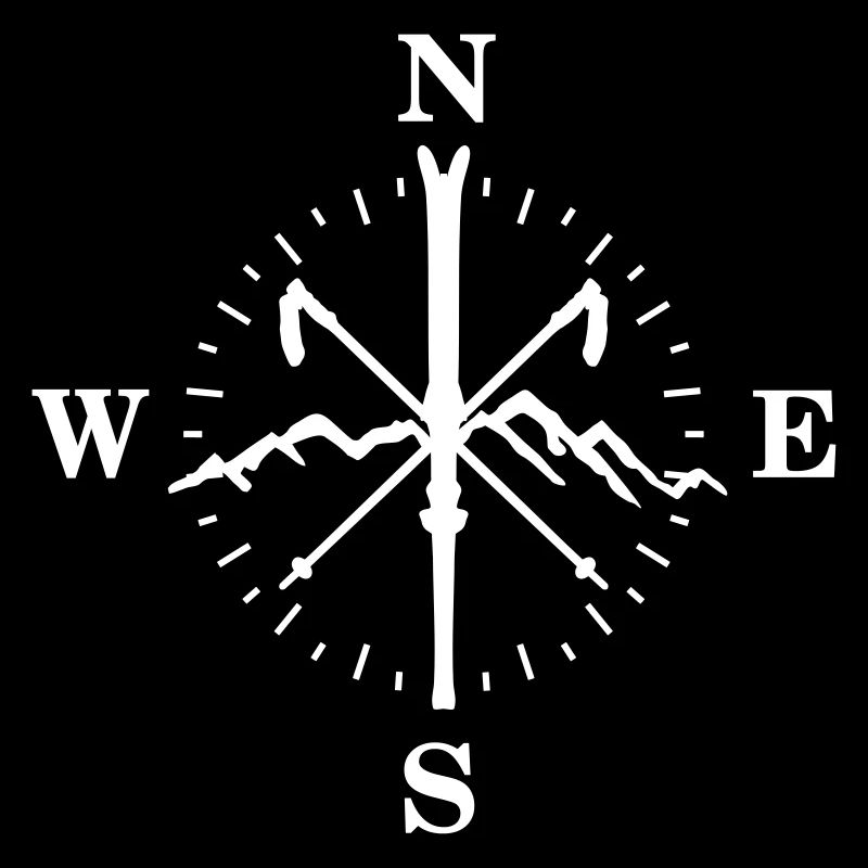 Skiing, skis, mountains and compass with degrees