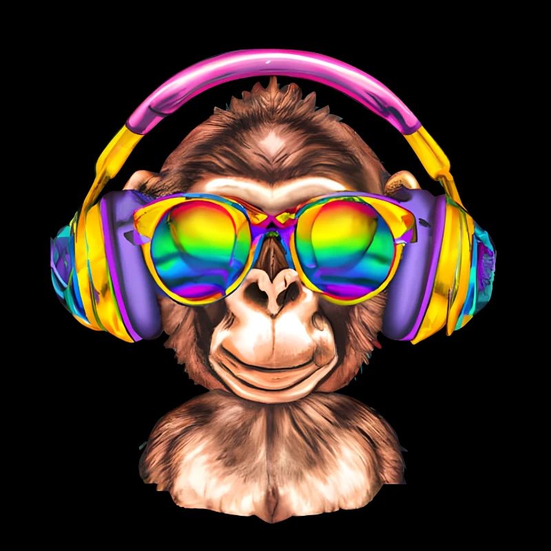 Chimpanse mit Kopfhörern und Sonnenbrille