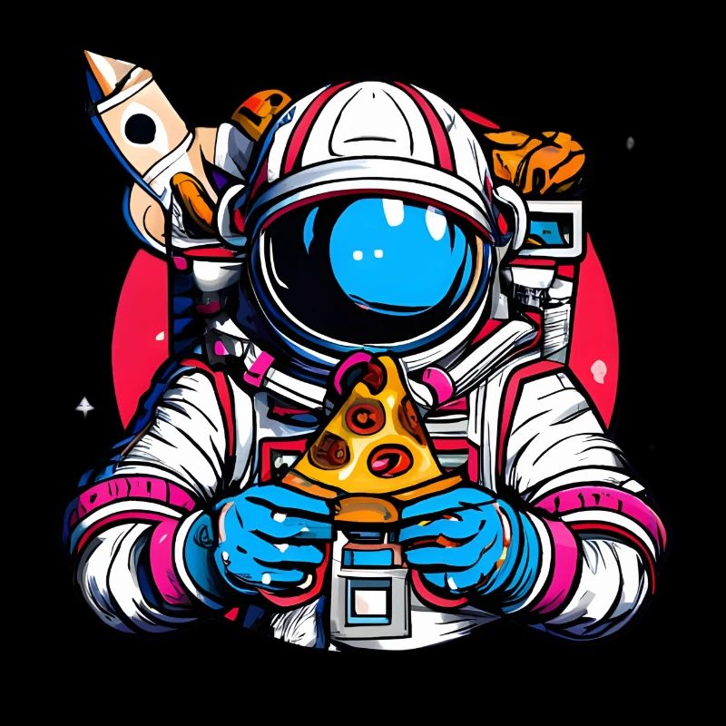 Astronaute funky dans l’espace avec une pizza