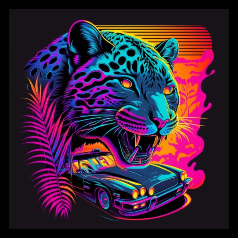 Jaguar with neon colors, synthwave / 80s