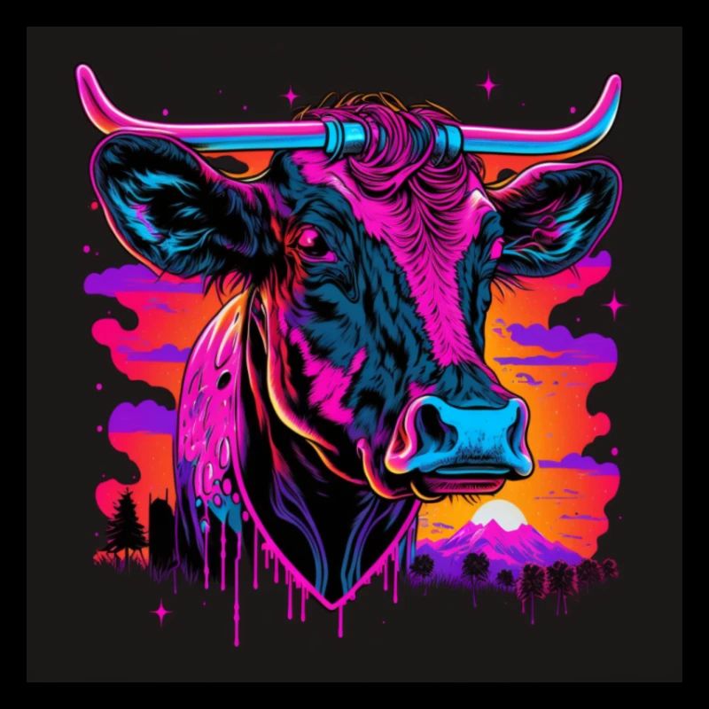 Vache aux couleurs néon, synthwave / 80s