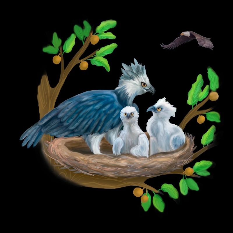 Harpie avec des petits dans le nid et l’aigle