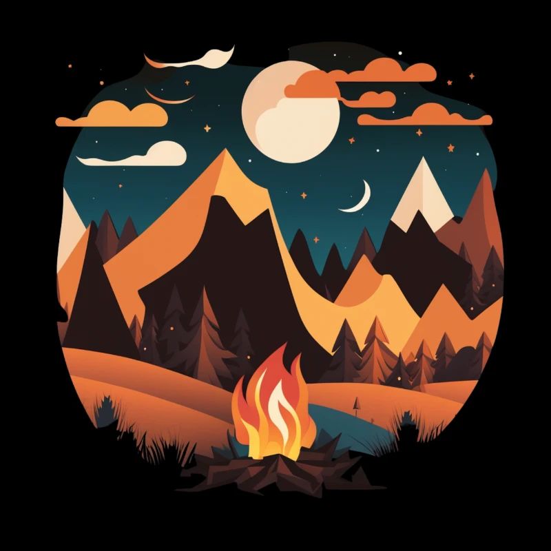 Camping by moonlight with campfire