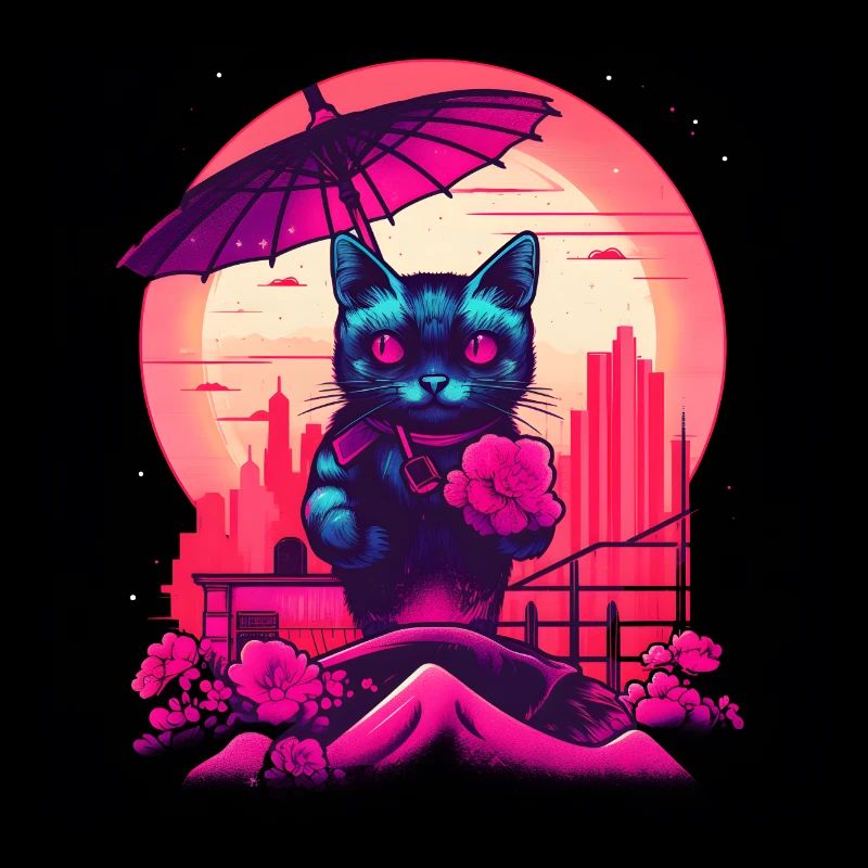 Synthwave japan Cat with umbrella