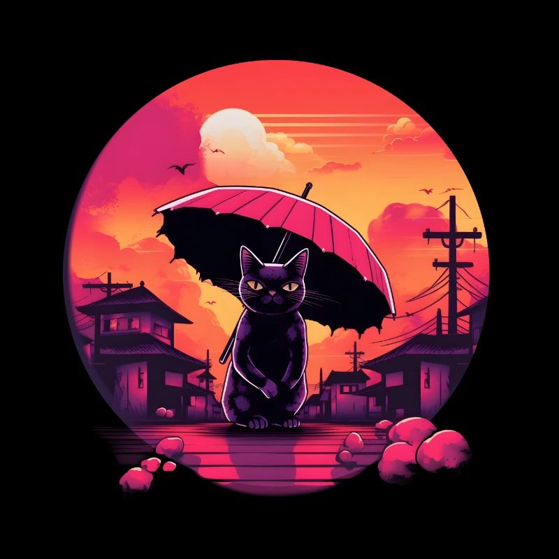 Synthwave japan Chat avec parapluie