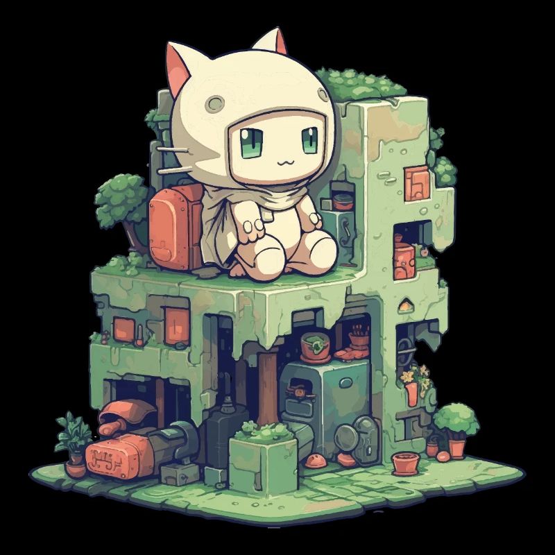Petit personnage de chat mignon assis sur une petite constructioni