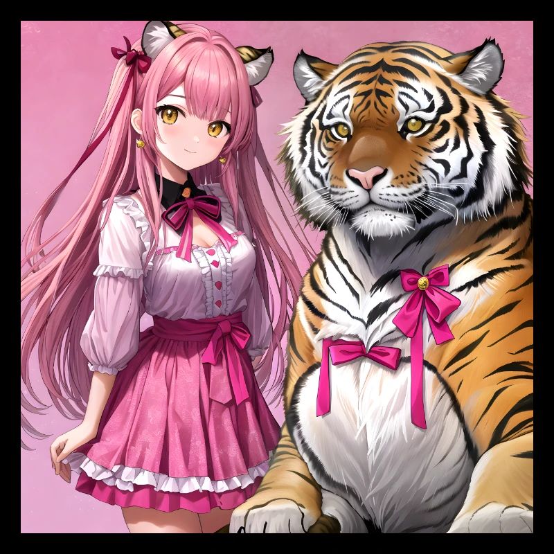 Anime-Mädchen mit Tiger auf rosa Hintergrund