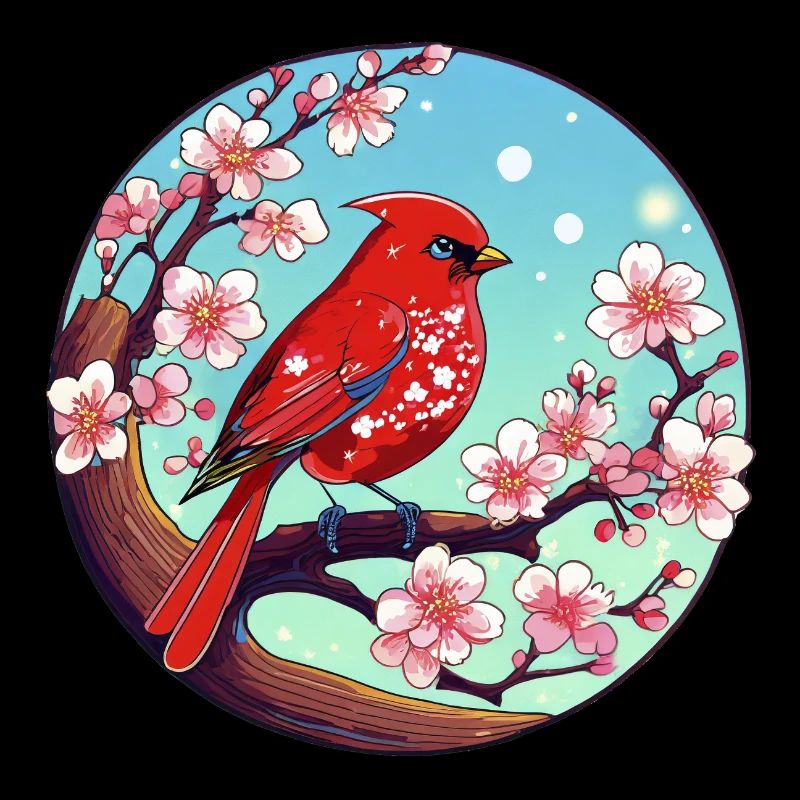 Cardinal rouge sur une branche de cerisier en fleurs