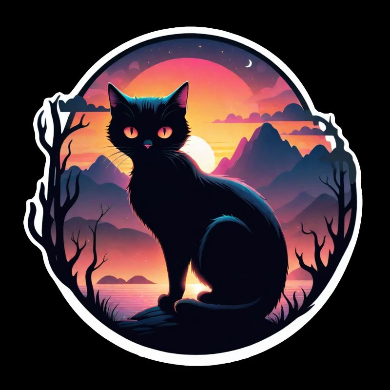 chat paysage et coucher de soleil