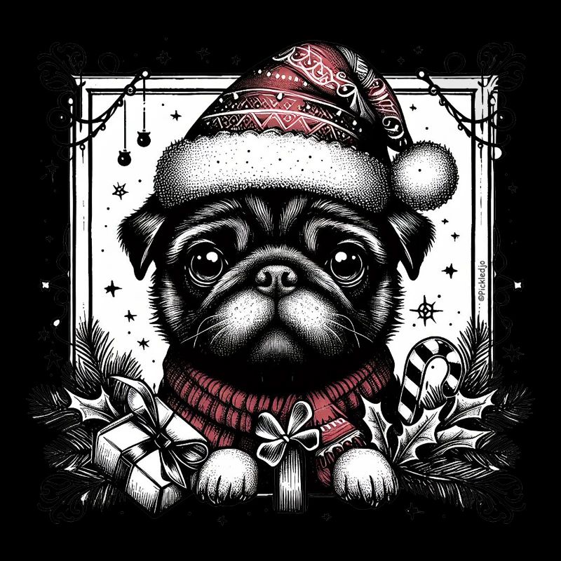 Goth pug in santa hat