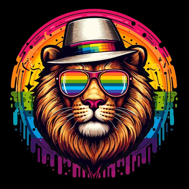 Cartoon-Löwe mit Regenbogenbrille und Hut