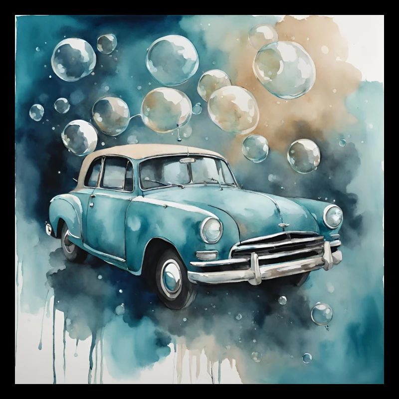 Old car with soap bubbles in watercolor.