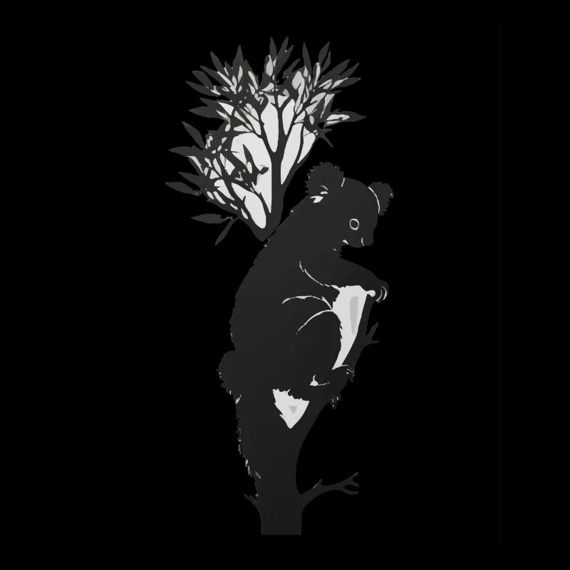 Silhouette of a koala leaning against a tree