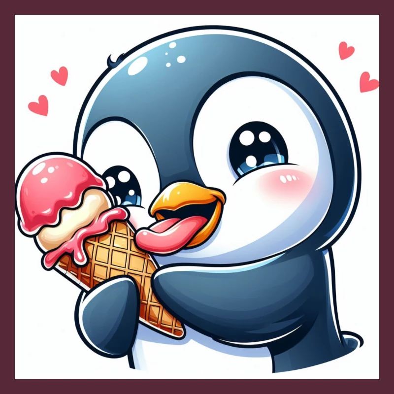 Süsser Pinguin am Softeis essen. Pinguin mit Eis