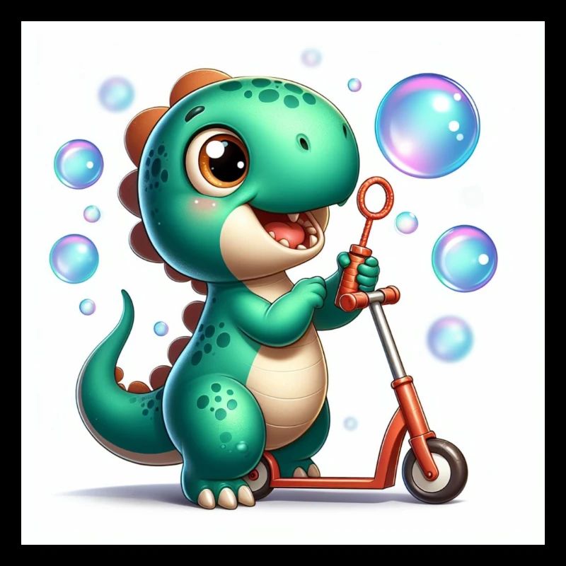 Dino in turquoise with soap bubbles and roller