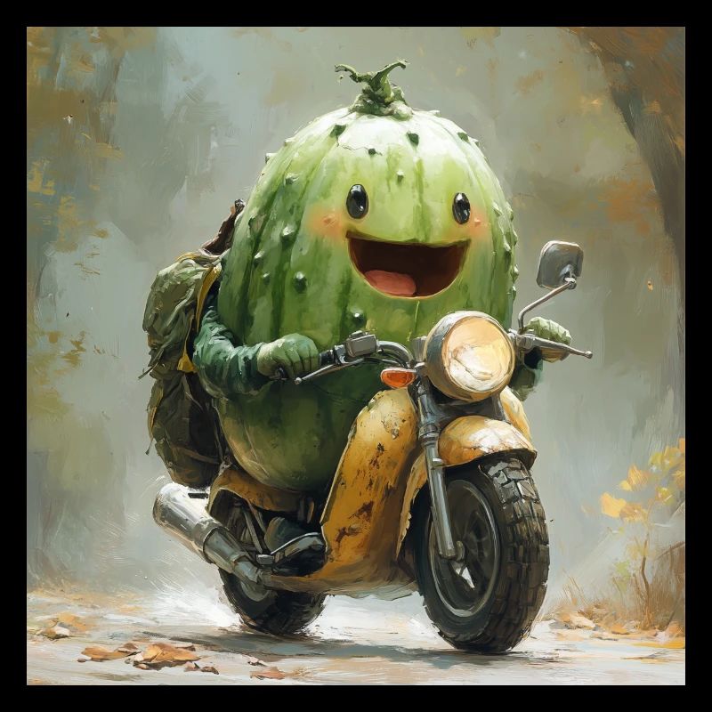Lusitge cucumber rides a motorcycle