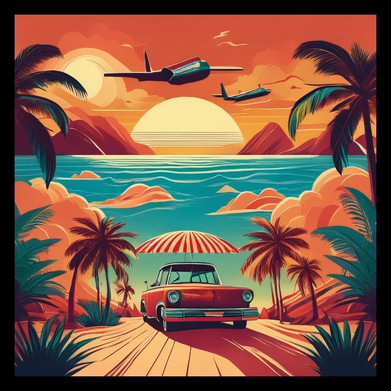 Vintage Beach Sunset with Red Car and Planes
