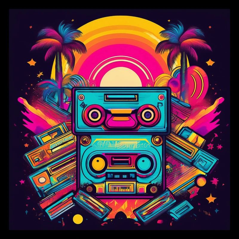 Retro Cassette Tapes Neon Sunset Art
