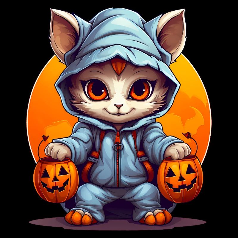 Verkleidete Halloween Katze mit Kürbislaternen