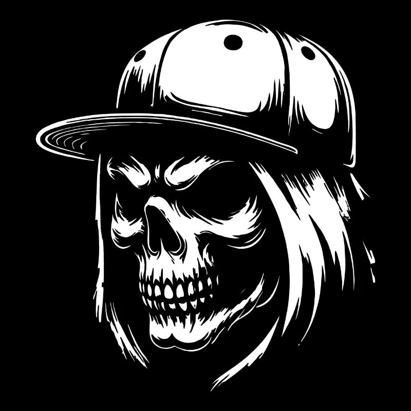 Cool skull with long hair and baseball cap