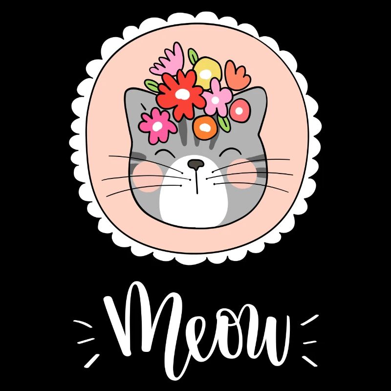 Chat mignon Kawaii drôle avec des fleurs disant miaulement